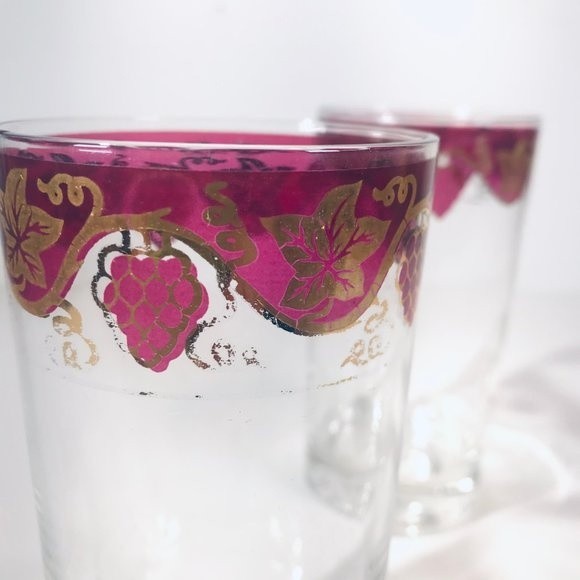 MCM Highball Glasses Set of 2 Gilt Edge Cranberry Flashed Grape Cluster Barware - Picture 4 of 8